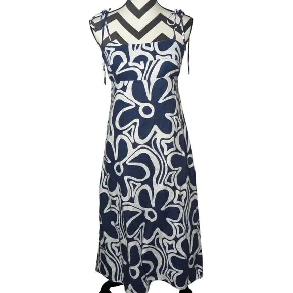 Honorine Dresses | Honorine Navy White Floral Print Midi Sundress M 100% Linen Tie Straps | Color: Blue/White | Size: M | Txthreadsrev's Closet